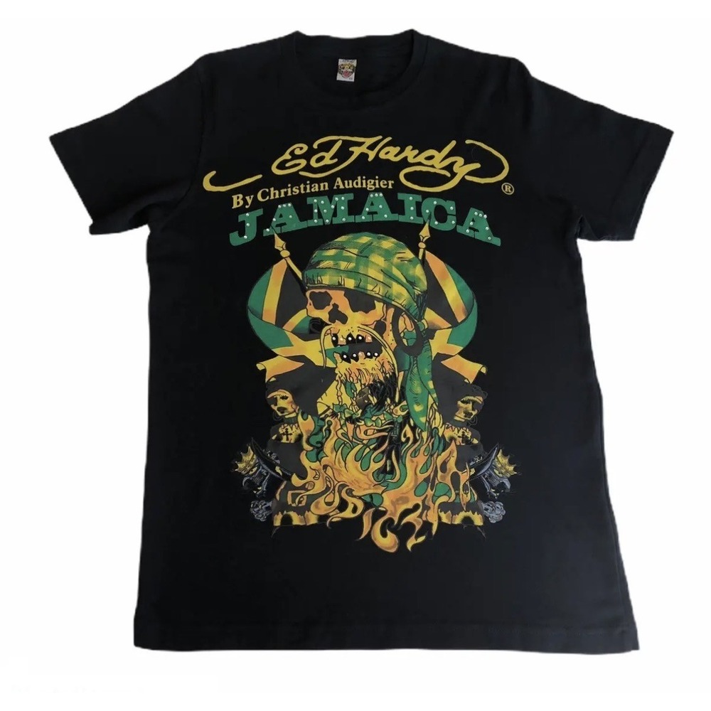Ed Hardy Jamaica Skull Graphic T Shirt Mens XL 90s Rare Tee Rhinestone Bling